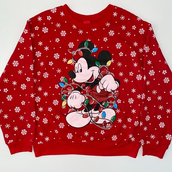 Disney Mickey Mouse Christmas Xmas Lights Pullover Crewneck Sweater Red Large - Picture 3 of 15